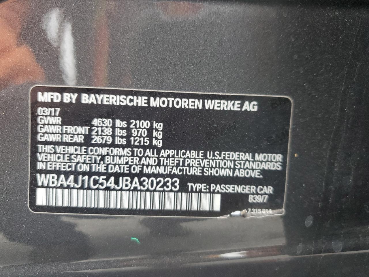 2018 BMW 4er VIN WBA4J1C54JBA30233 Copart auction photo, front end damage thumbnail 15