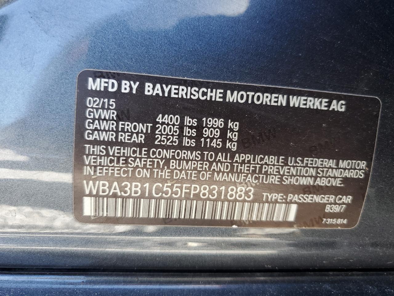 2015 BMW 3er VIN WBA3B1C55FP831883 Copart auction photo, normal wear damage thumbnail 12
