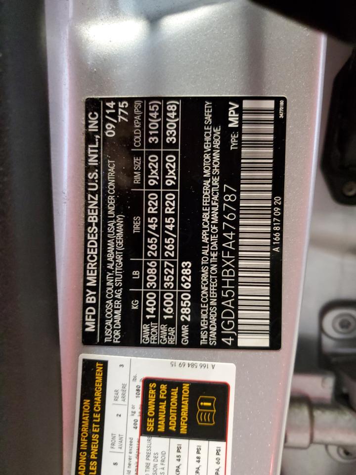 2015 Mercedes-Benz M-klasse VIN 4JGDA5HBXFA476787 Copart auction photo, front end damage thumbnail 16