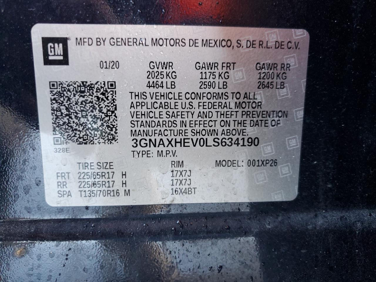 2020 Chevrolet Equinox VIN 3GNAXHEV0LS634190 Copart auction photo, rollover damage thumbnail 13
