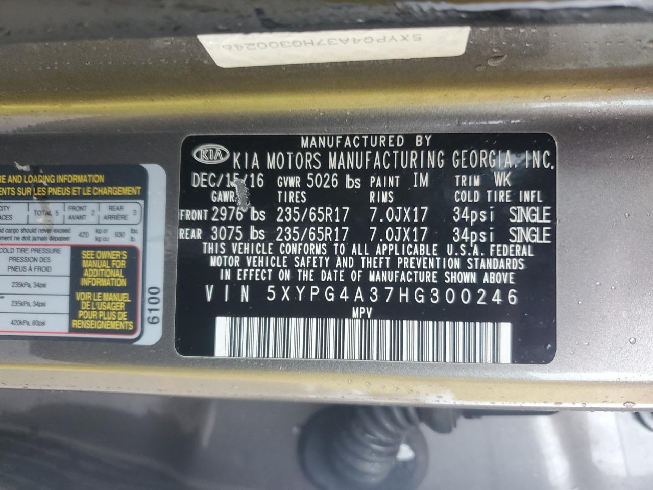 2017 KIA Sorento VIN 5XYPG4A37HG300246 Copart auction photo, front end / minor dent/scratches damage thumbnail 14