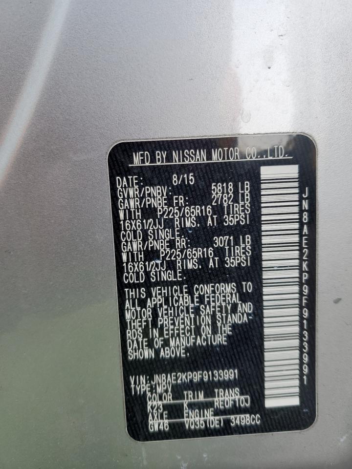2015 Nissan Quest VIN JN8AE2KP9F9133991 Copart auction photo, front end damage thumbnail 14