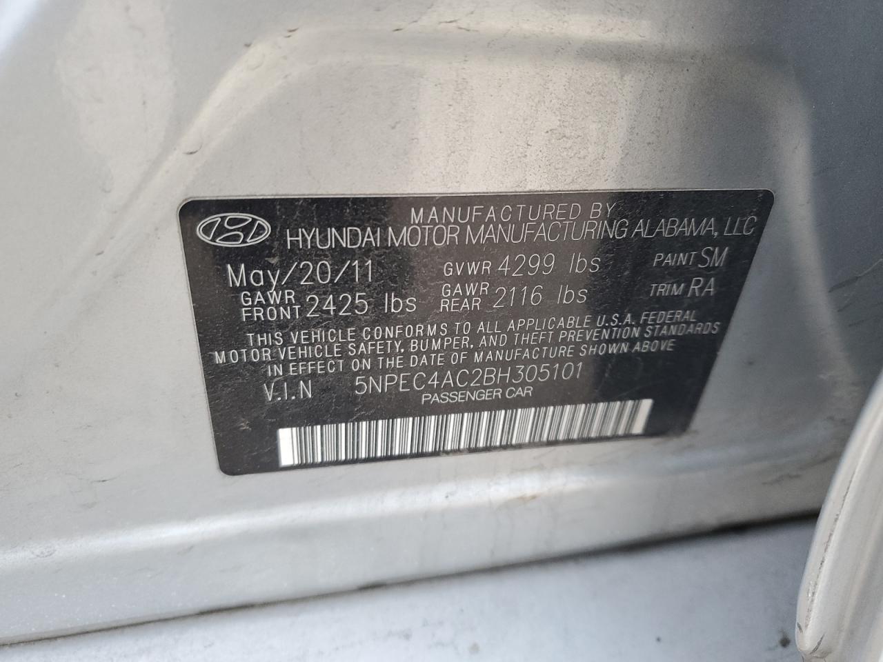 2011 Hyundai Sonata VIN 5NPEC4AC2BH305101 Copart auction photo, minor dent/scratches damage thumbnail 12