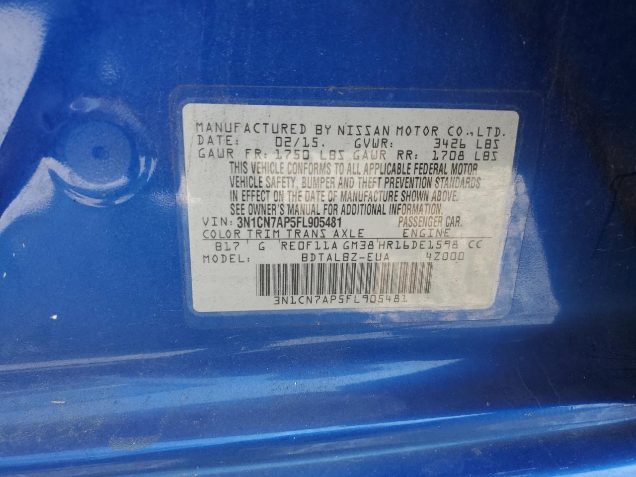2015 Nissan Versa VIN 3N1CN7AP5FL905481 Copart auction photo, front end / minor dent/scratches damage thumbnail 13