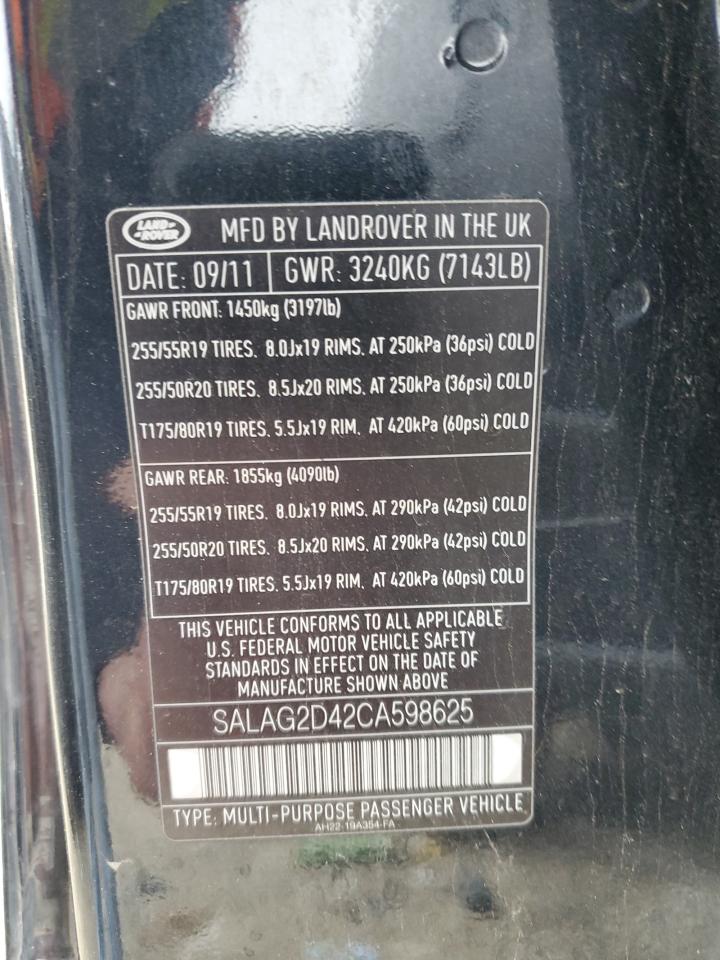 2012 Land Rover LR4 VIN SALAG2D42CA598625 Copart auction photo, front end / minor dent/scratches damage thumbnail 13