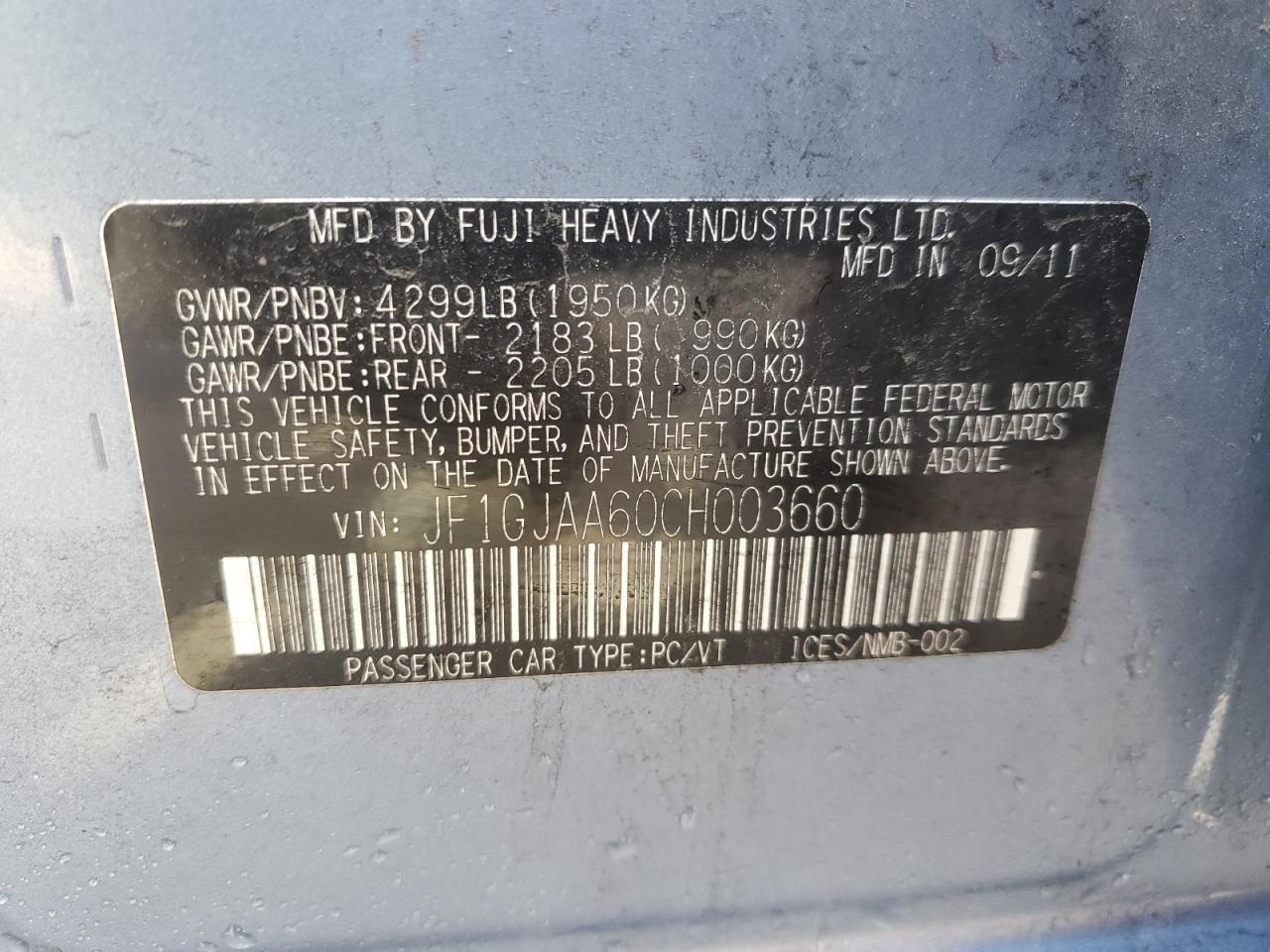 2012 Subaru Impreza VIN JF1GJAA60CH003660 Copart auction photo, front end damage thumbnail 12