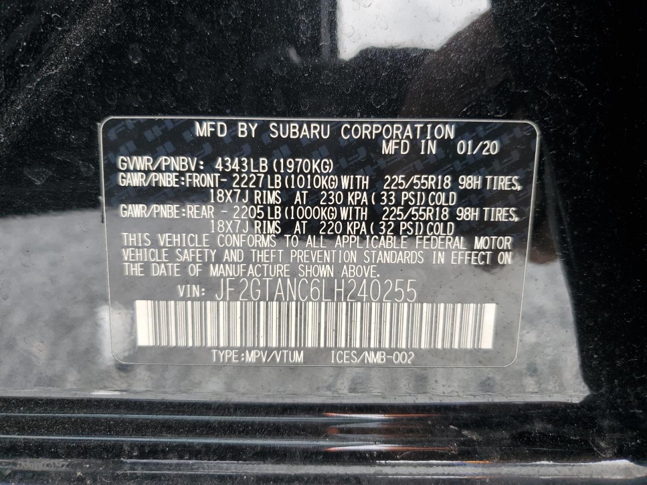 2020 Subaru XV VIN JF2GTANC6LH240255 Copart auction photo, front end / rear end damage thumbnail 16