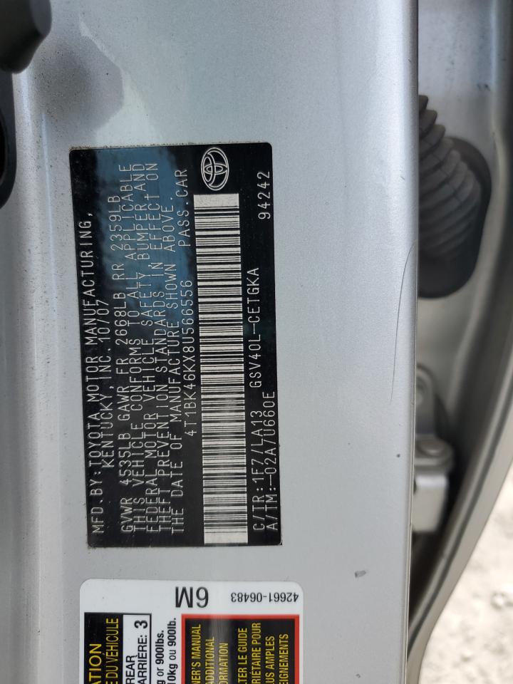 2008 Toyota Camry VIN 4T1BK46KX8U566556 Copart auction photo, minor dent/scratches damage thumbnail 12
