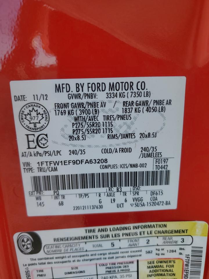 2013 Ford F-150 VIN 1FTFW1EF9DFA63208 Copart auction photo, side / rear end damage thumbnail 12