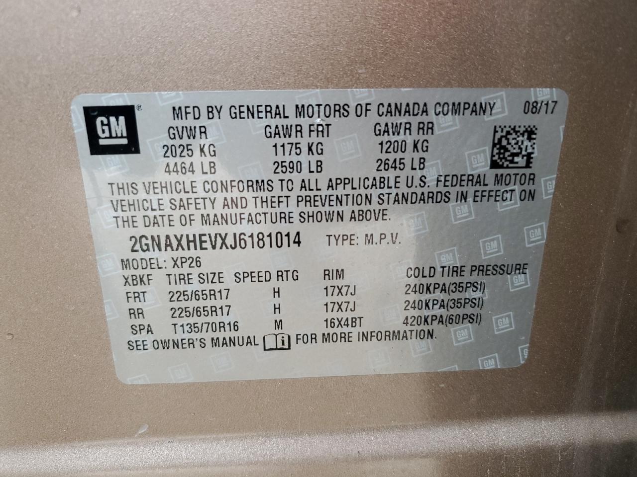 2018 Chevrolet Equinox VIN 2GNAXHEVXJ6181014 Copart auction photo, front end damage thumbnail 14