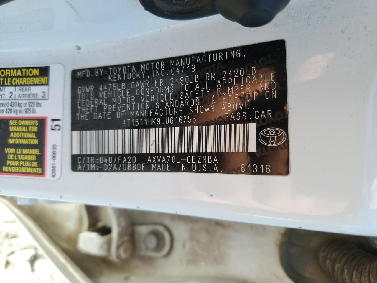 2018 Toyota Camry VIN 4T1B11HK9JU616755 Copart auction photo, all over damage thumbnail 12