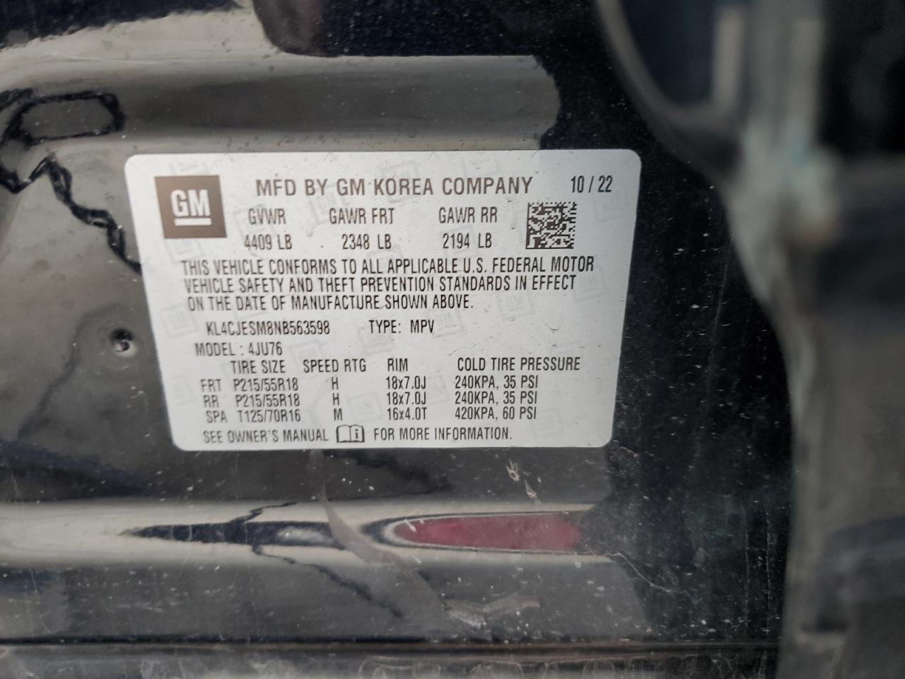 2022 Buick Encore VIN KL4CJESM8NB563598 Copart auction photo, rear end damage thumbnail 13