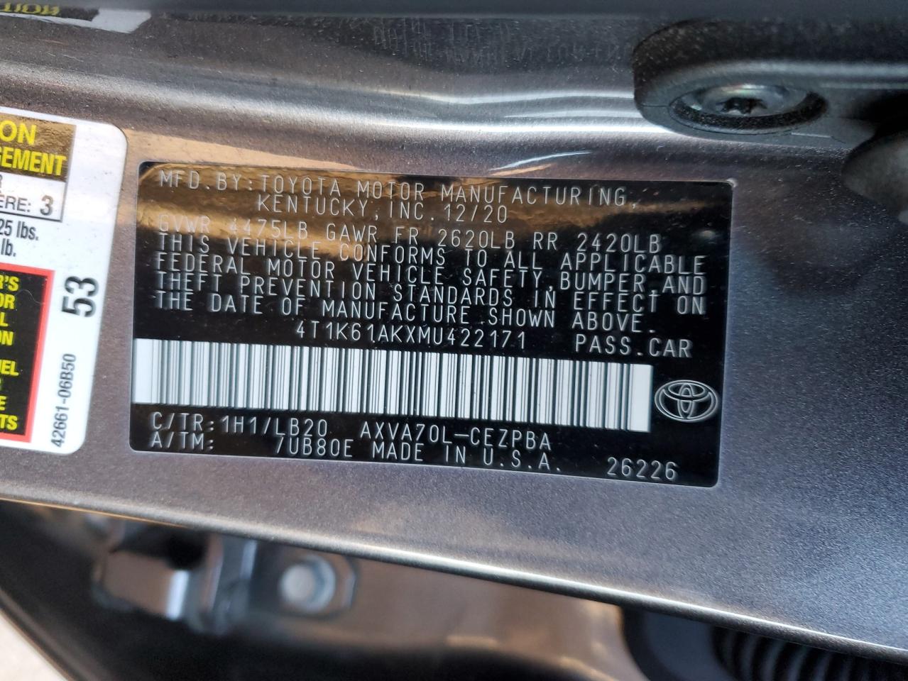 2021 Toyota Camry VIN 4T1K61AKXMU422171 Copart auction photo, front end / minor dent/scratches damage thumbnail 12