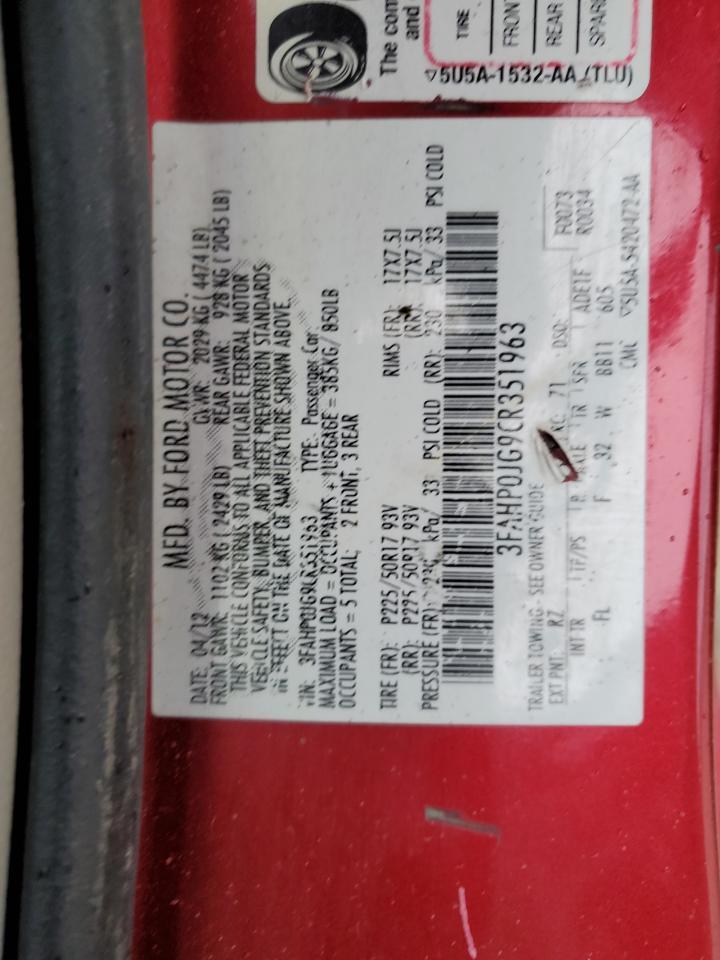 2012 Ford Fusion VIN 3FAHP0JG9CR351963 Copart auction photo, all over damage thumbnail 13