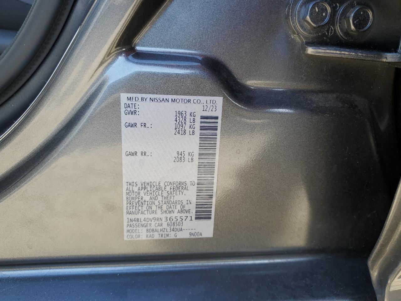 2024 Nissan Altima VIN 1N4BL4DV9RN365571 Copart auction photo, front end damage thumbnail 13