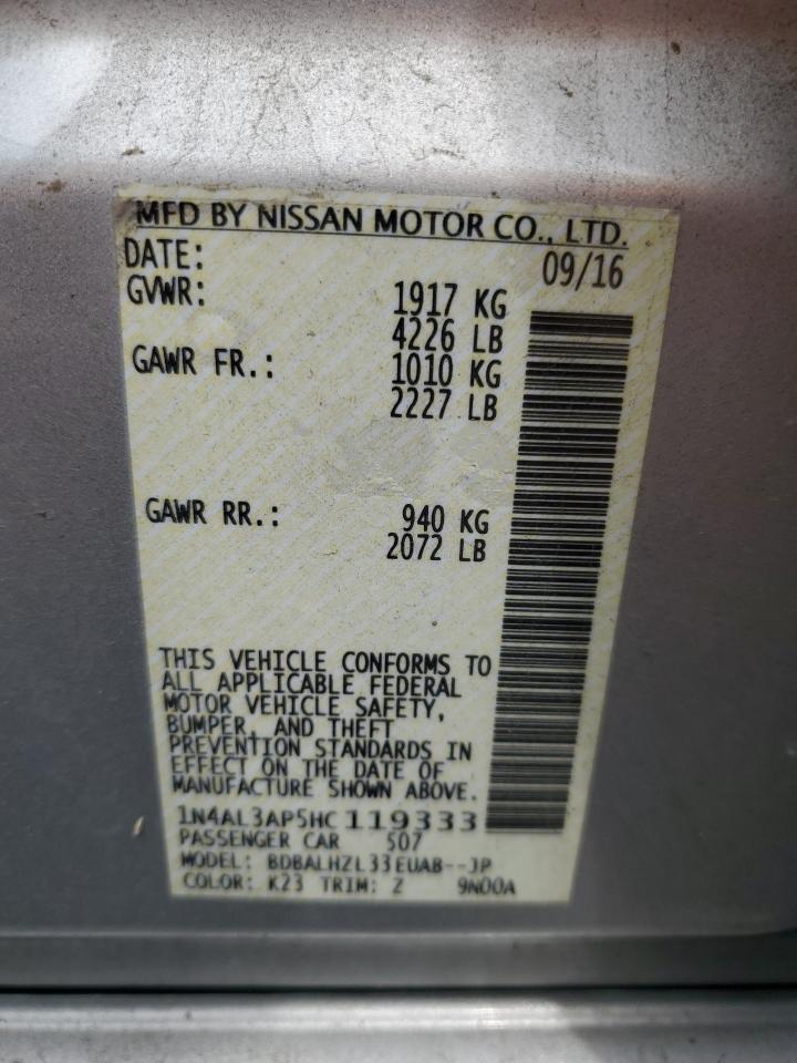 2017 Nissan Altima VIN 1N4AL3AP5HC119333 Copart auction photo, front end / minor dent/scratches damage thumbnail 12