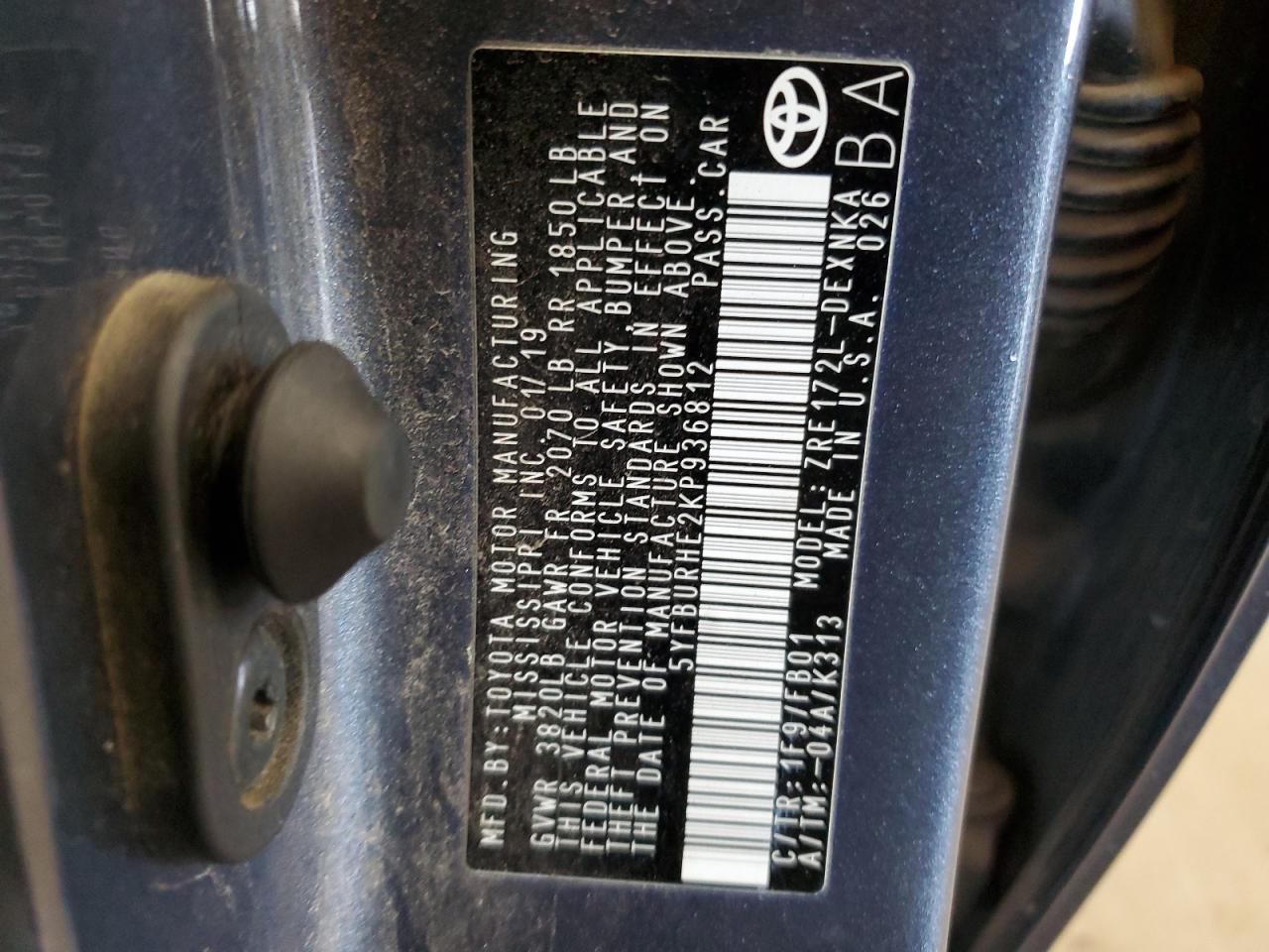 2019 Toyota Corolla VIN 5YFBURHE2KP936812 Copart auction photo, front end / rear end damage thumbnail 13