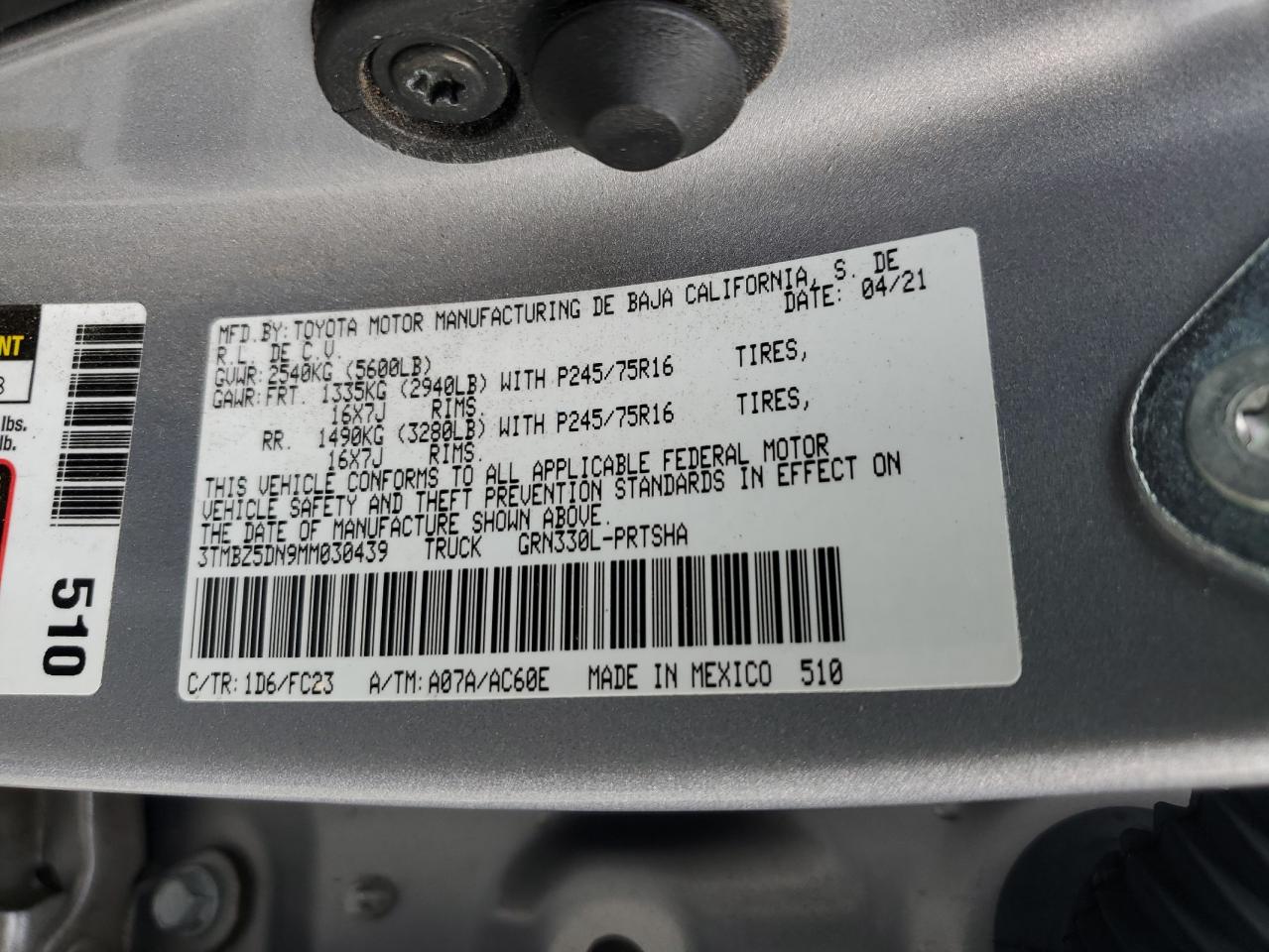 2021 Toyota Tacoma VIN 3TMBZ5DN9MM030439 Copart auction photo, all over damage thumbnail 13