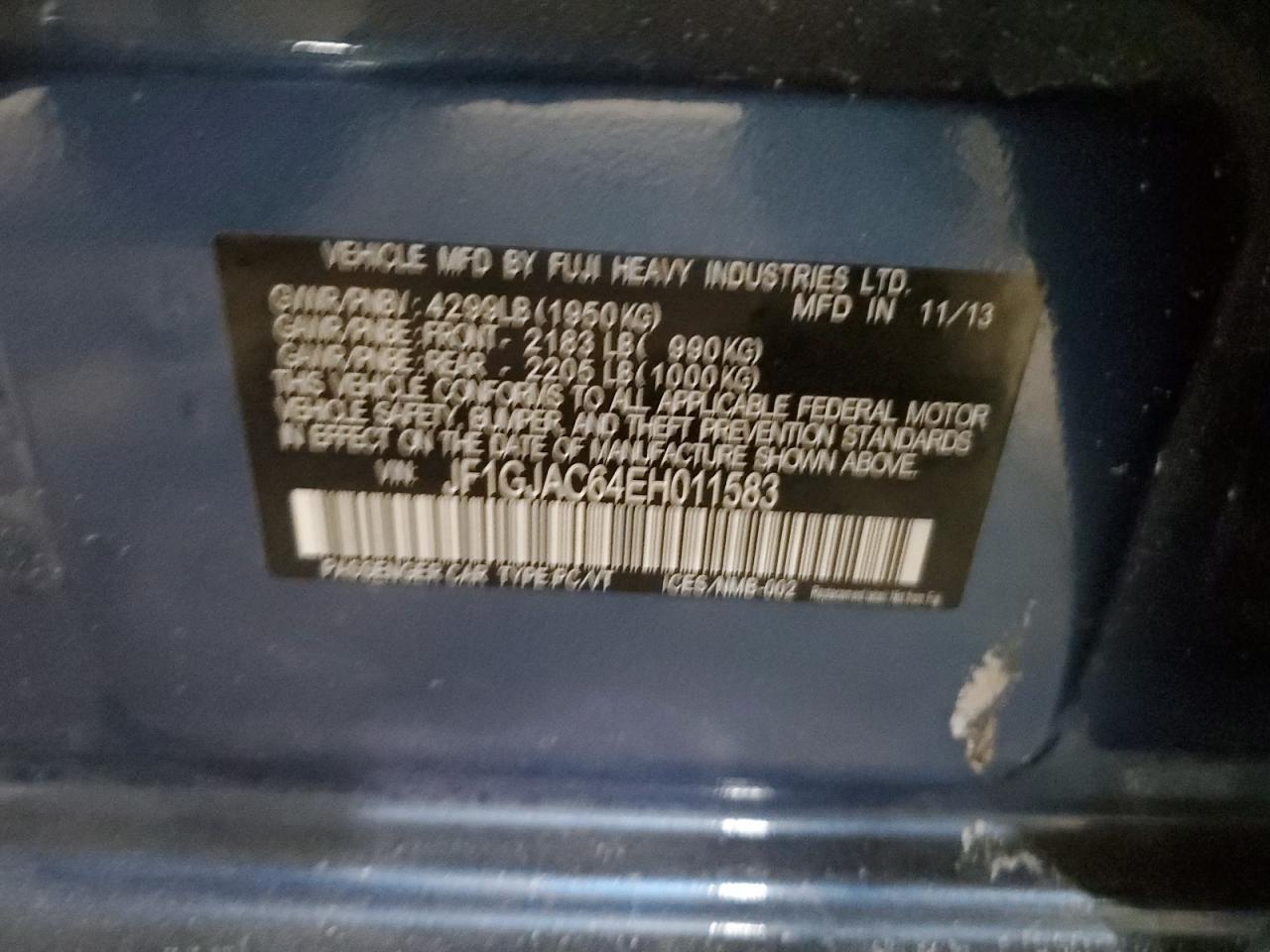 2014 Subaru Impreza VIN JF1GJAC64EH011583 Copart auction photo, rear end / minor dent/scratches damage thumbnail 12