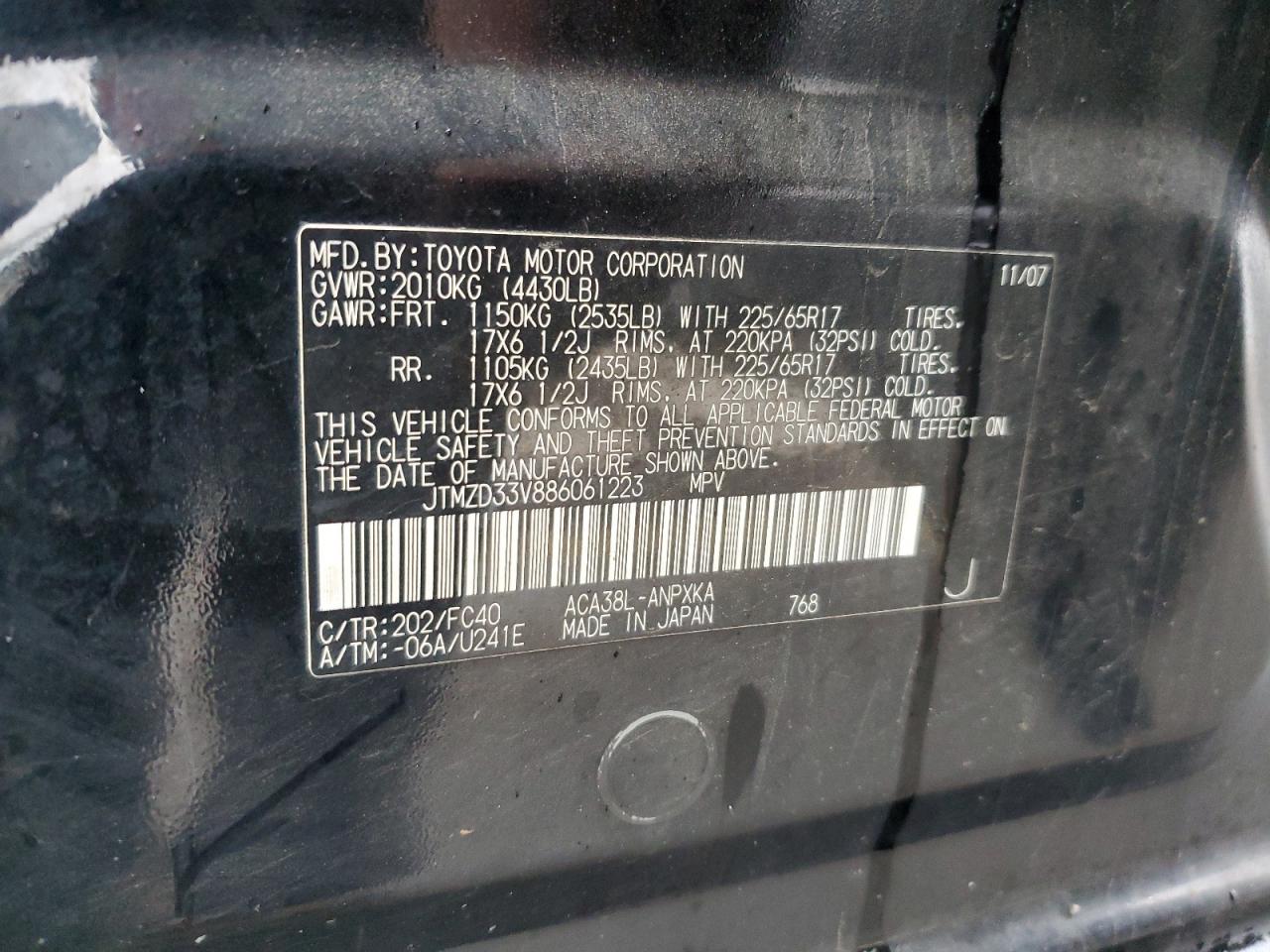 2008 Toyota RAV 4 VIN JTMZD33V886061223 Copart auction photo, front end / rear end damage thumbnail 15