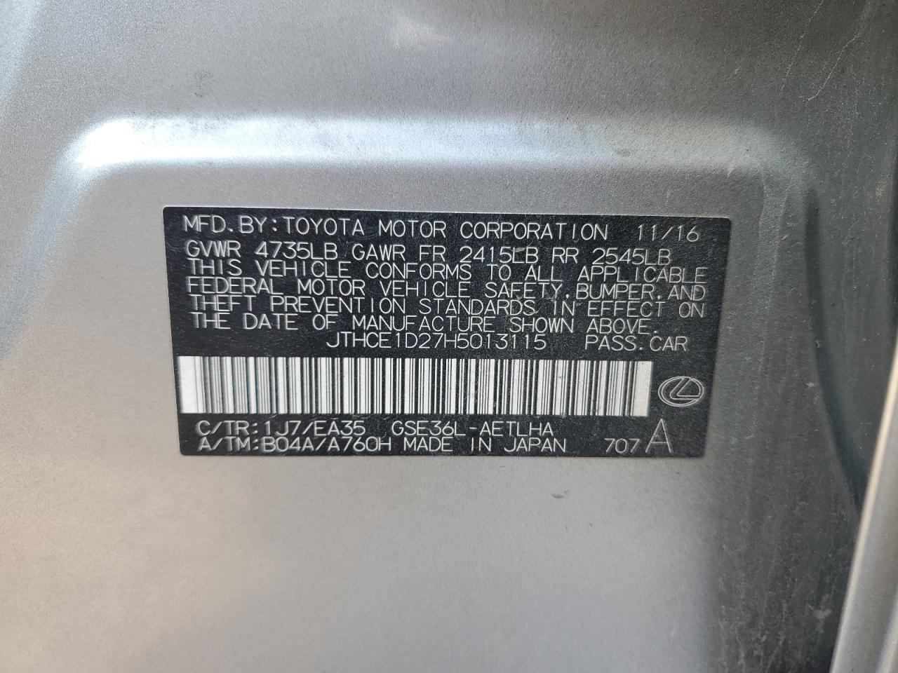 2017 Lexus IS VIN JTHCE1D27H5013115 Copart auction photo, rear end / side damage thumbnail 13