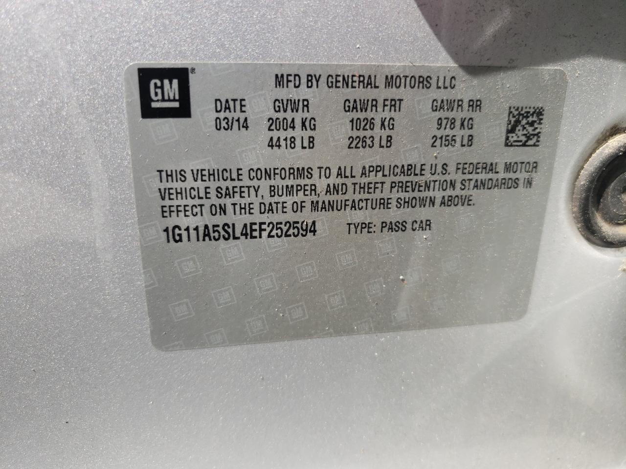 2014 Chevrolet Malibu VIN 1G11A5SL4EF252594 Copart auction photo, front end / side damage thumbnail 12