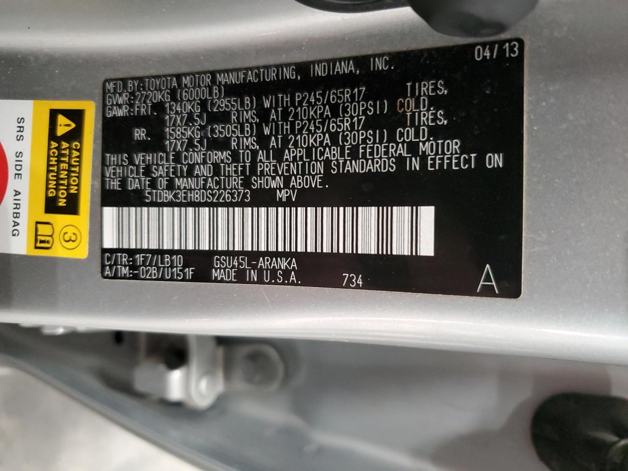 2013 Toyota Highlander VIN 5TDBK3EH8DS226373 Copart auction photo, front end damage thumbnail 13