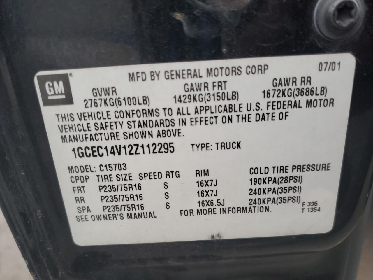 2002 Chevrolet Silverado VIN 1GCEC14V12Z112295 Copart auction photo, rear end / side damage thumbnail 12