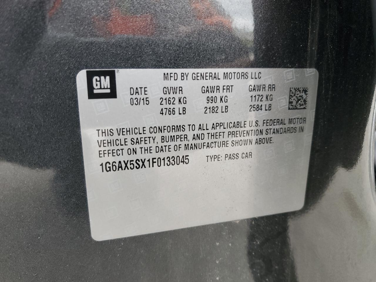 2015 Cadillac CTS VIN 1G6AX5SX1F0133045 Copart auction photo, front end / rear end damage thumbnail 13