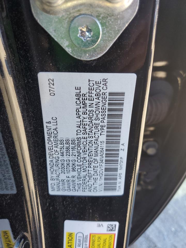2022 Honda Accord VIN 1HGCV1F34NA064115 Copart auction photo, water/flood damage thumbnail 13