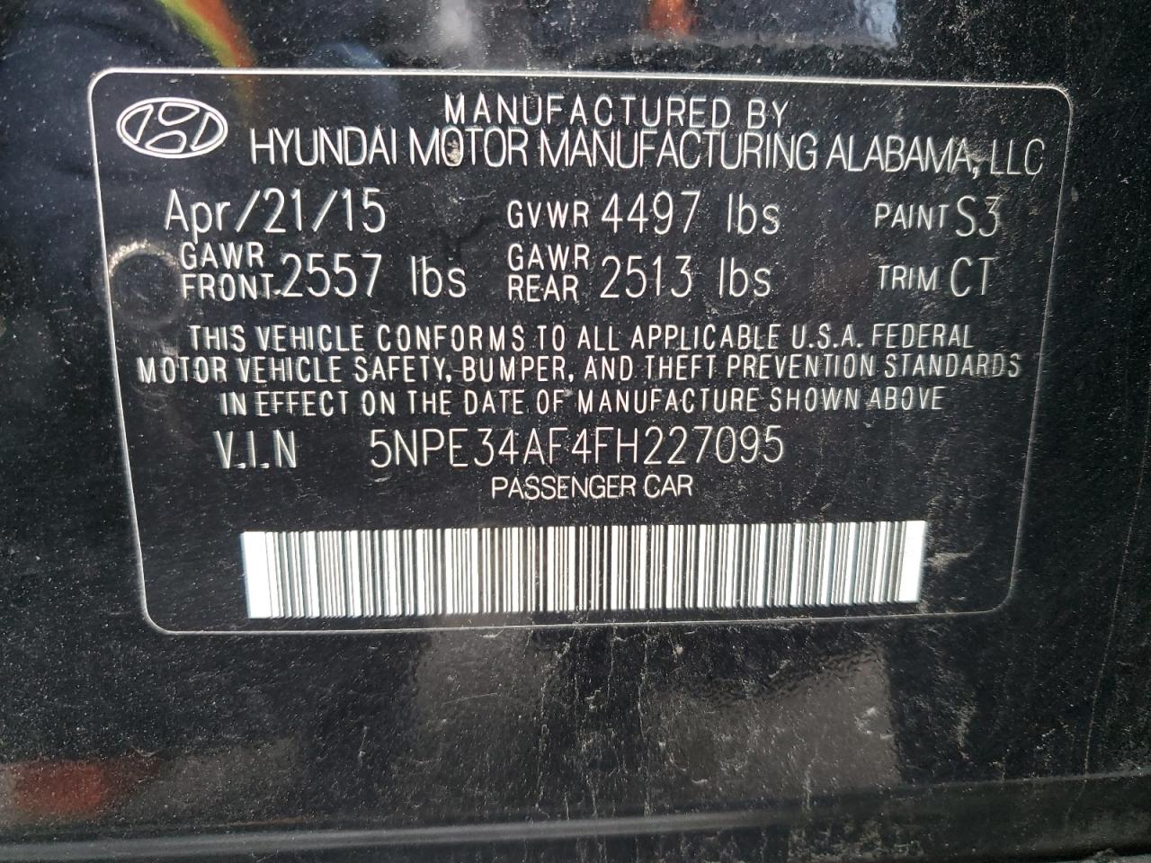 2015 Hyundai Sonata VIN 5NPE34AF4FH227095 Copart auction photo, front end / side damage thumbnail 12