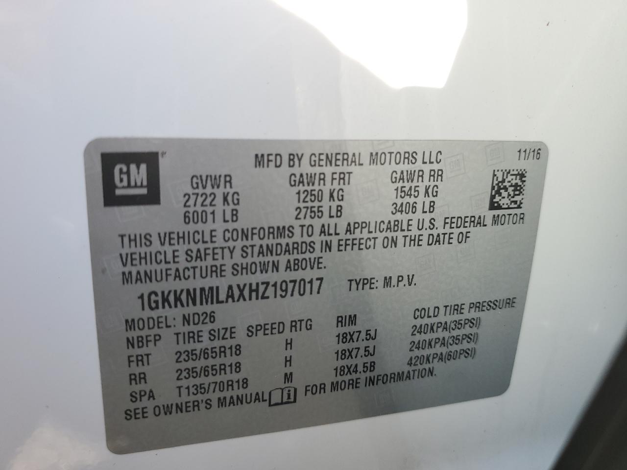 2017 GMC Acadia VIN 1GKKNMLAXHZ197017 Copart auction photo, front end damage thumbnail 14