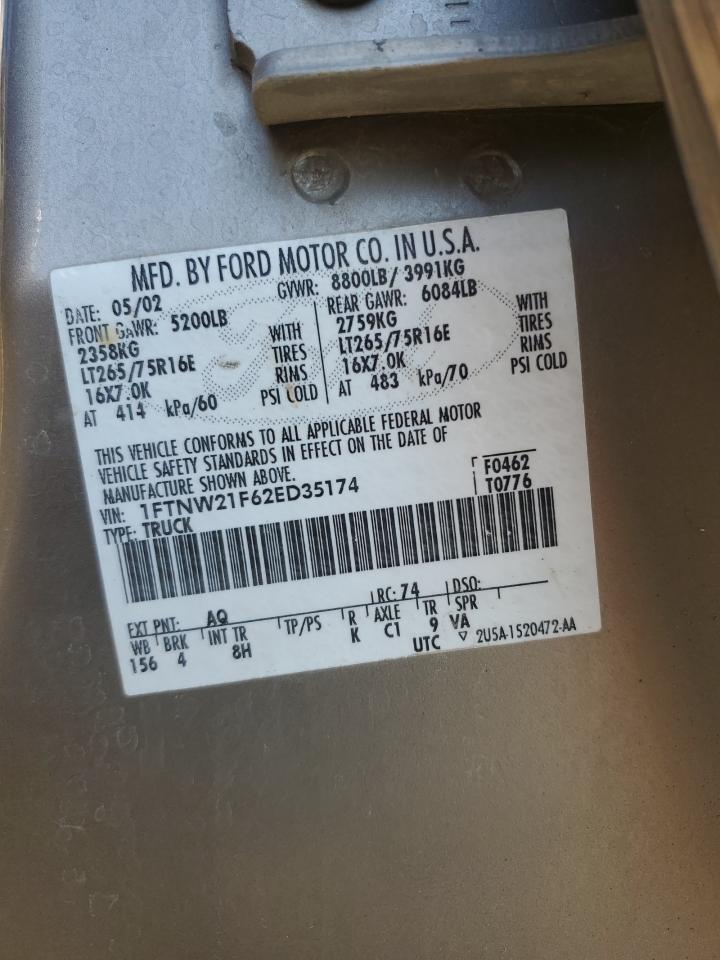 2002 Ford F250 VIN 1FTNW21F62ED35174 Copart auction photo, side damage thumbnail 12