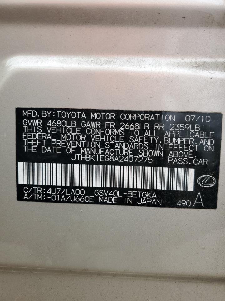 2010 Lexus ES VIN JTHBK1EG8A2407275 Copart auction photo, rear end / side damage thumbnail 14