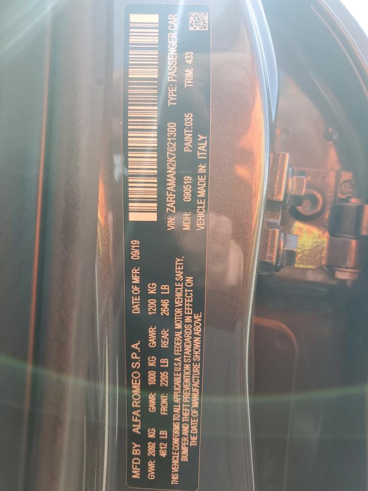 2019 Alfa Romeo Giulia VIN ZARFAMAN2K7621300 Copart auction photo, rear end damage thumbnail 13