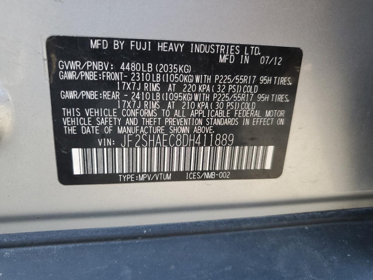 2013 Subaru Forester VIN JF2SHAEC8DH411889 Copart auction photo, front end damage thumbnail 13