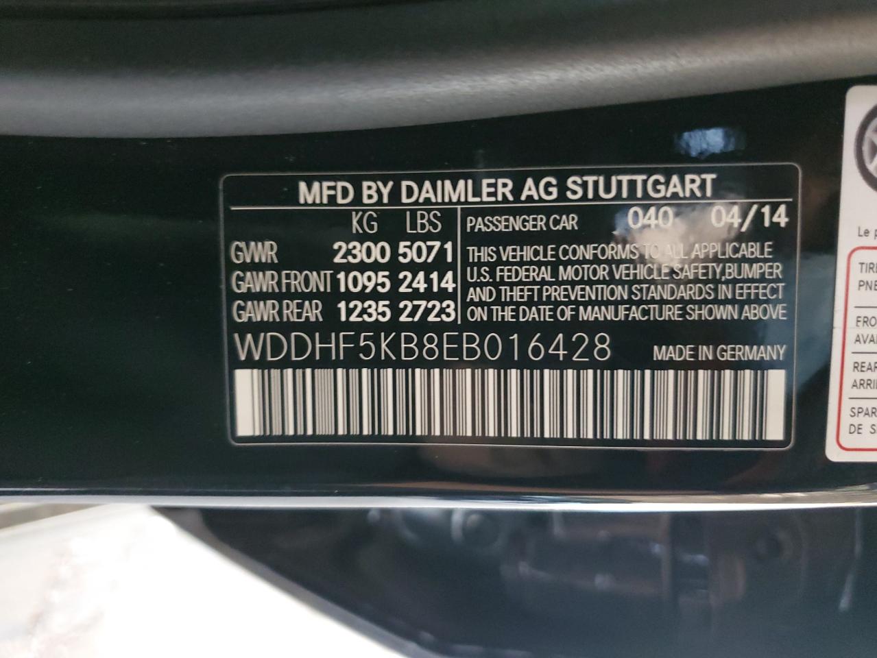 2014 Mercedes-Benz E-klasse VIN WDDHF5KB8EB016428 Copart auction photo, front end damage thumbnail 14