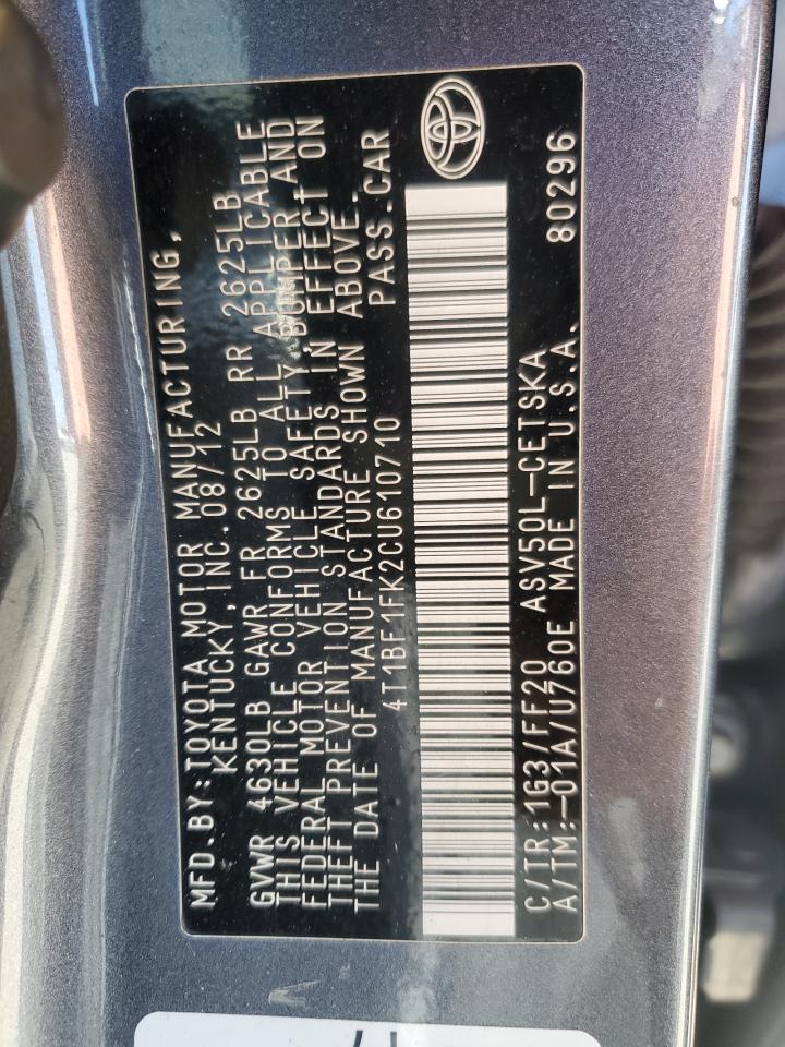 2012 Toyota Camry VIN 4T1BF1FK2CU610710 Copart auction photo, minor dent/scratches damage thumbnail 12