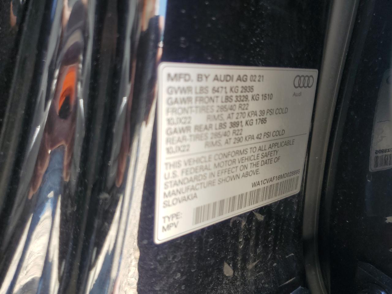 2021 Audi Q8 VIN WA1CVAF16MD028995 Copart auction photo, rejected repair damage thumbnail 14