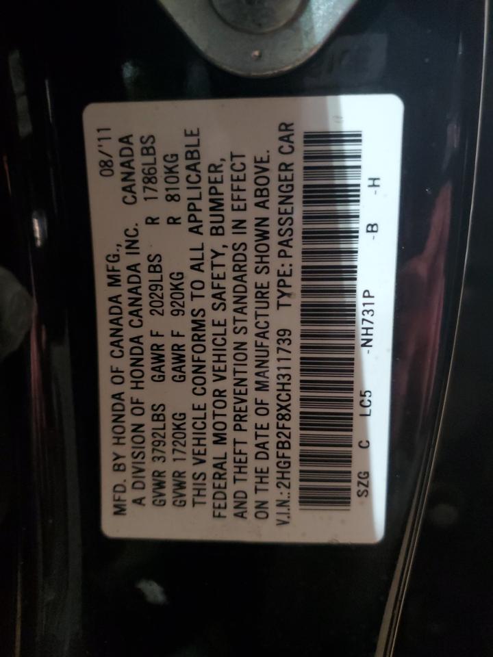 2012 Honda Civic VIN 2HGFB2F8XCH311739 Copart auction photo, rear end / minor dent/scratches damage thumbnail 12