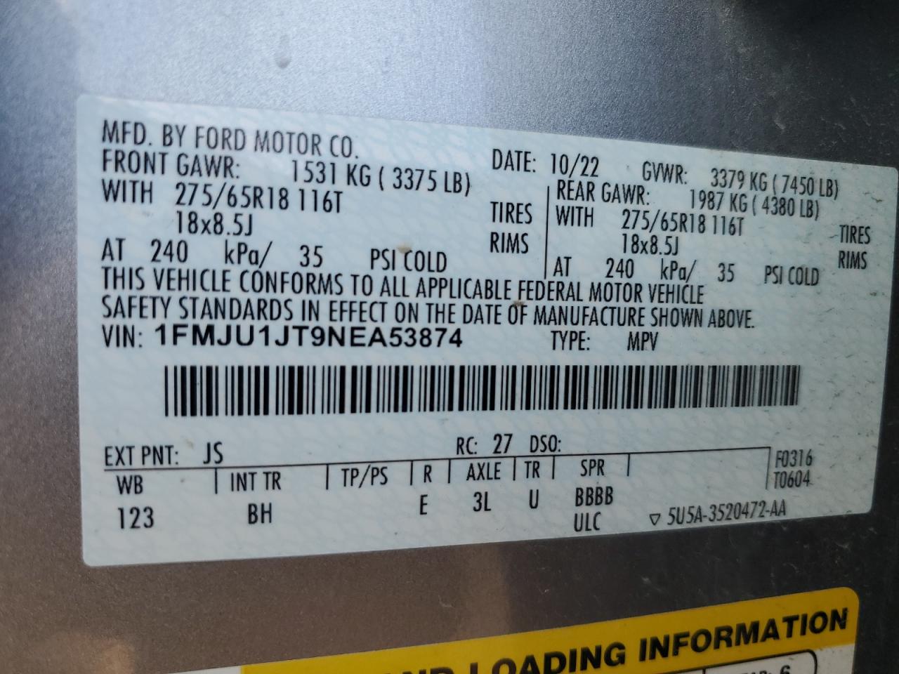 2022 Ford Expedition VIN 1FMJU1JT9NEA53874 Copart auction photo, front end / side damage thumbnail 15