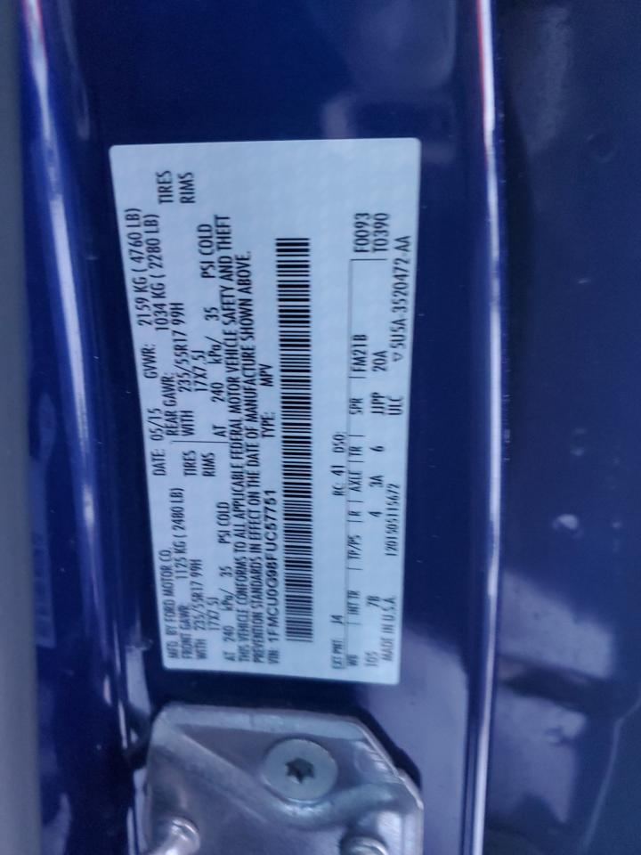 2015 Ford Escape VIN 1FMCU0G98FUC57751 Copart auction photo, front end / side damage thumbnail 14