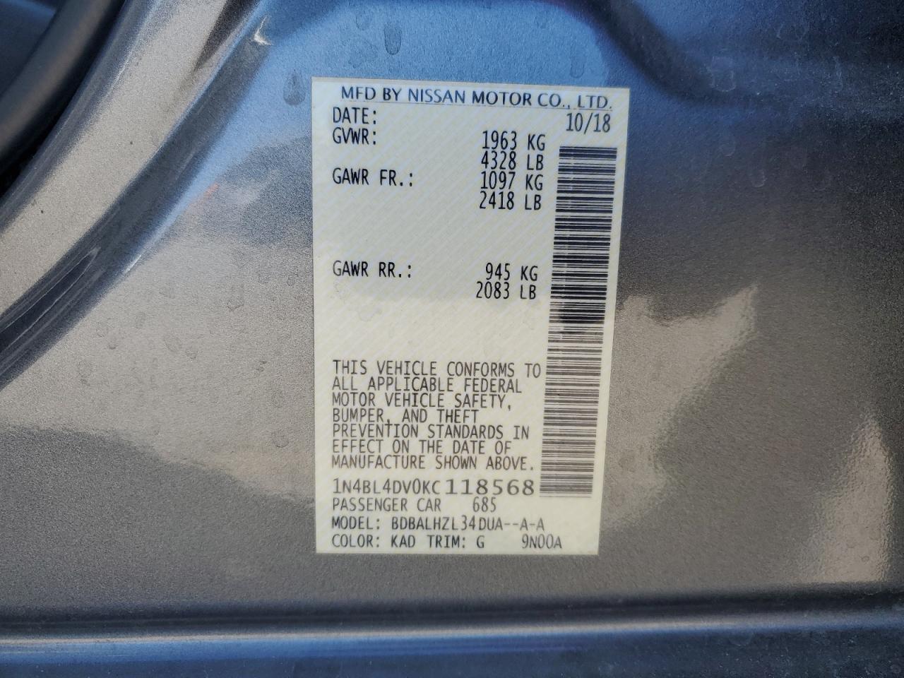2019 Nissan Altima VIN 1N4BL4DV0KC118568 Copart auction photo, side damage thumbnail 12