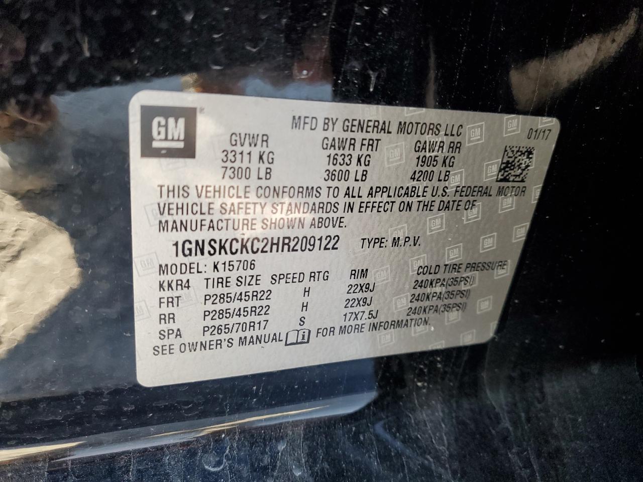 2017 Chevrolet Tahoe VIN 1GNSKCKC2HR209122 Copart auction photo, all over / undercarriage damage thumbnail 14