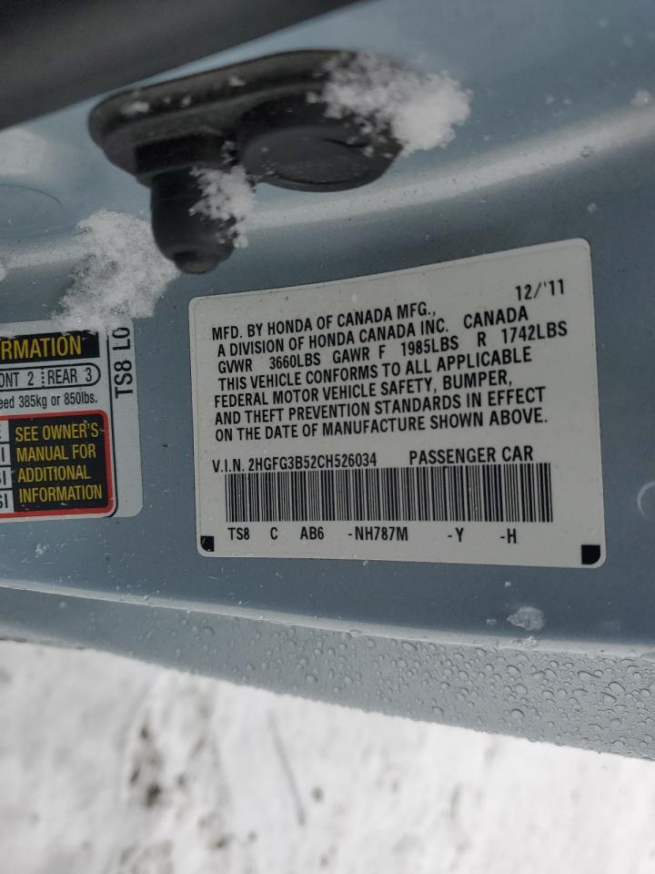 2012 Honda Civic VIN 2HGFG3B52CH526034 Copart auction photo, side / all over damage thumbnail 12