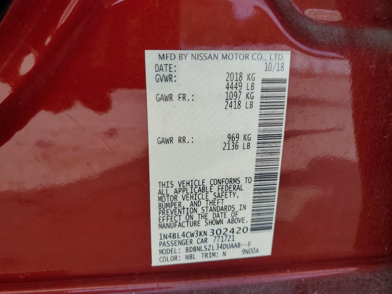 2019 Nissan Altima VIN 1N4BL4CW3KN302420 Copart auction photo, all over damage thumbnail 13