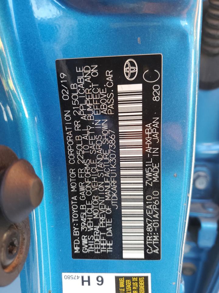 2019 Toyota Prius VIN JTDKARFU1K3073867 Copart auction photo, front end damage thumbnail 13