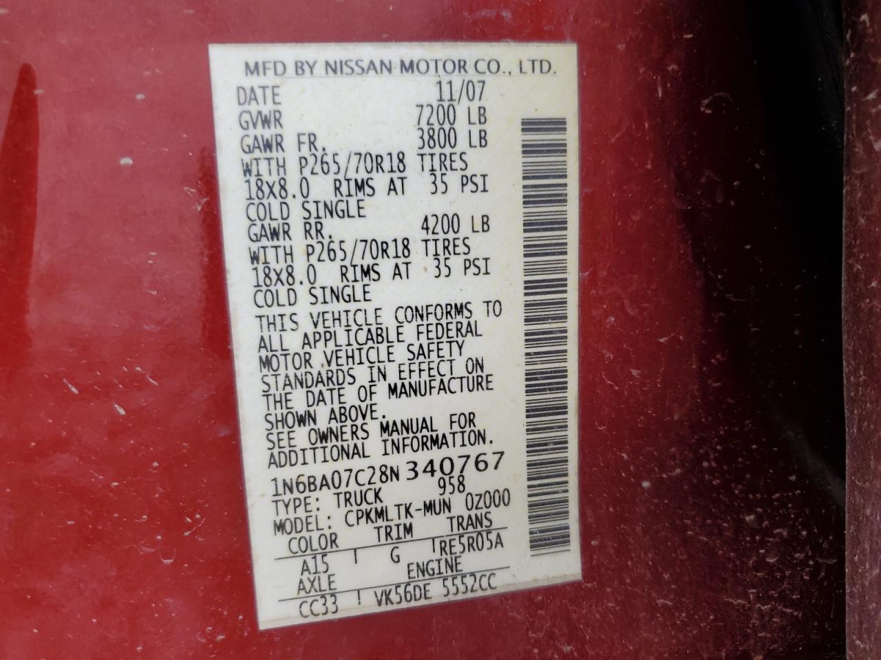2008 Nissan Titan VIN 1N6BA07C28N340767 Copart auction photo, front end / side damage thumbnail 12