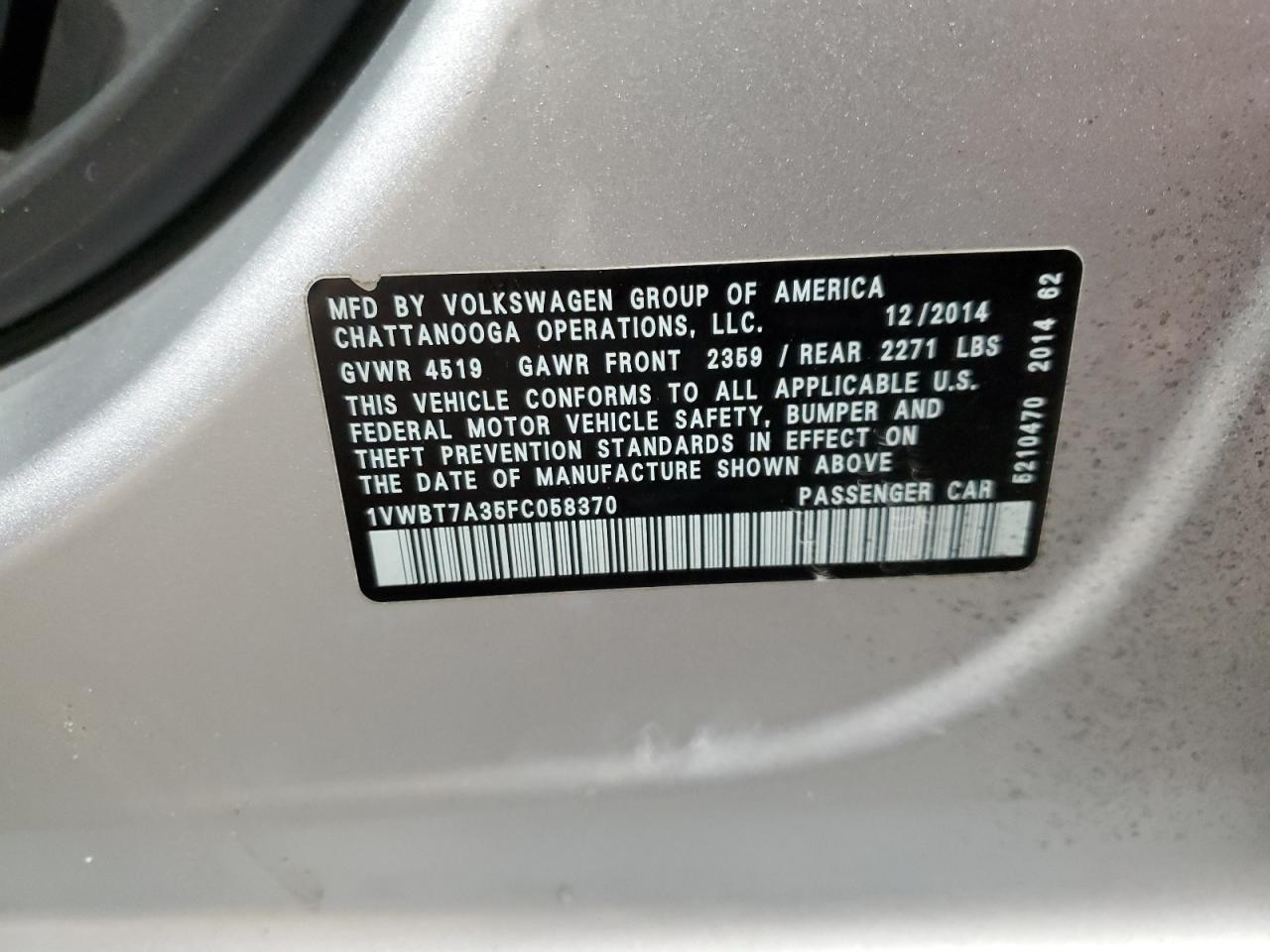2015 Volkswagen Passat VIN 1VWBT7A35FC058370 Copart auction photo, side damage thumbnail 12