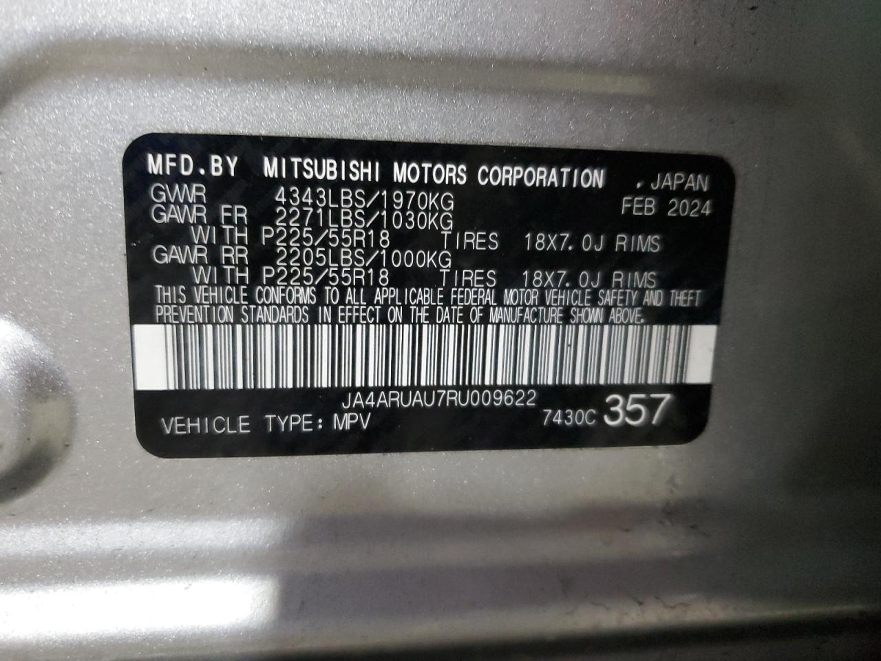 2024 Mitsubishi Outlander VIN JA4ARUAU7RU009622 Copart auction photo, front end damage thumbnail 13